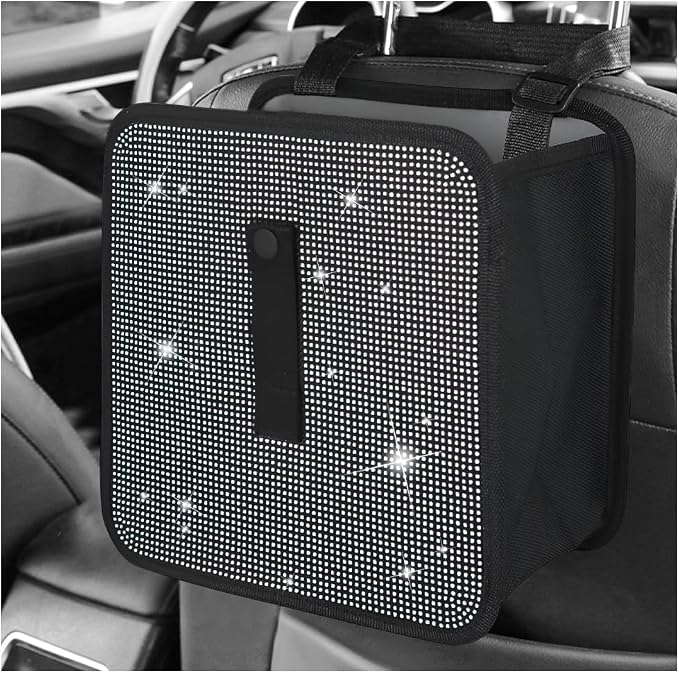 Car Foldable Trash Can, Bling Rhinestone Oxford Garbage Container Hanging Waterproof Organizer, Mini Crystal Dustbin Waste Basket Leakproof Trash Bin for Car Office Kitchen (White)