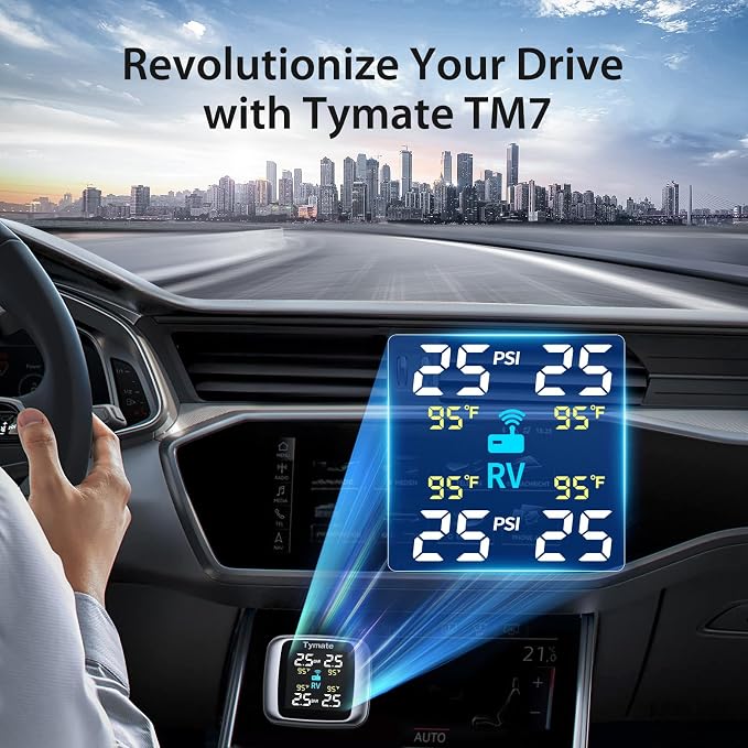 TM7 Tire Pressure Monitoring System, Wireless TPMS with 4 External Sensors & 6 Alarm Modes, Colorful Display, Real-time Tire Pressure Monitor System, Ideal for RV SUV MPV Truck Sedan(0-144 PSI)