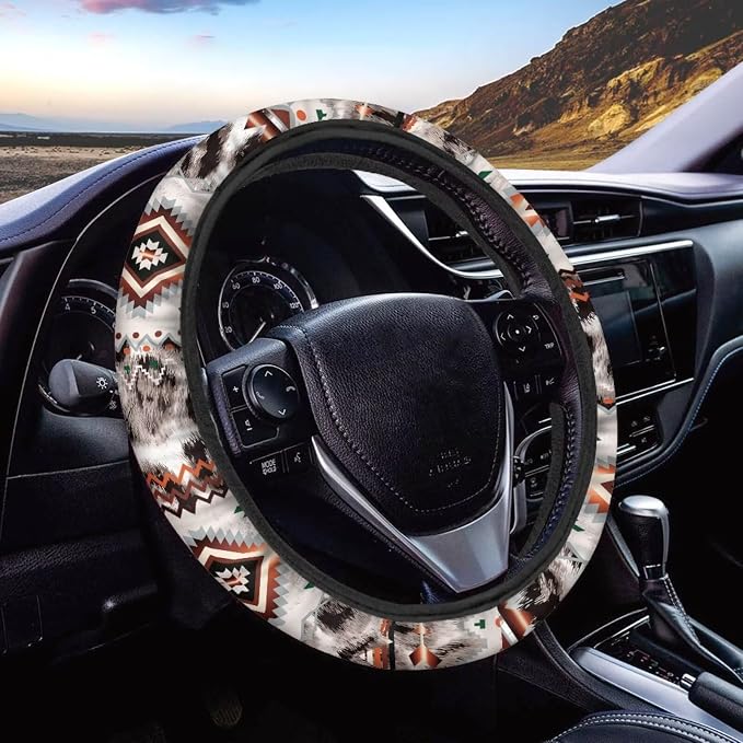 Car Steering Wheel Cover Universal 15 Inch Steering Wheel Wrap Anti-Slip Soft Elastic Decorative Auto Accessories All Weather Protection, Aztec Gray Leopard Print