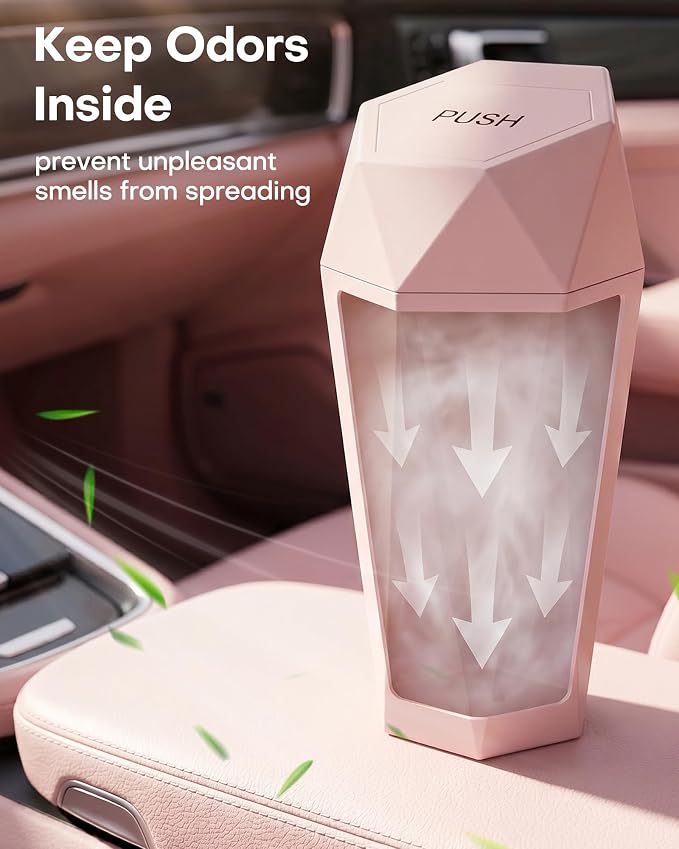 Car Trash Can with Lid - 1 Pack, Car Accessories for Interior, Leakproof Vehicle Garbage Can with 15 Attached Trash Bags, Multipurpose Organizers and Storage for Home, Office, Pink