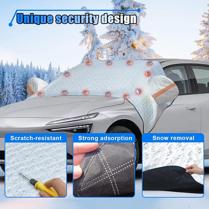 Car Windshield Snow Cover, Waterproof Car Windshield Frost Cover with Side Mirrors Protector, Windproof Winter Cover for Ice and Snow with Magnetic Edge for Car, SUV, RV and Truck