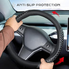 Coverado Car Steering Wheel Cover, Nappa Leather Black & Grayline Steering Wheel Covers, Universal 14-15 inch, Anti-Slip, Breathable Steering Wheel Protector for Women Men