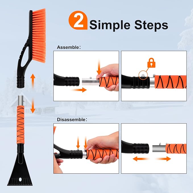 27" Heavy Duty Snow Brush and Ice Scraper | Scratch-Free Bristle Head & Detachable Scraper with Aluminum Body and Ergonomic Grip | Snow Removal Winter Car Accessories