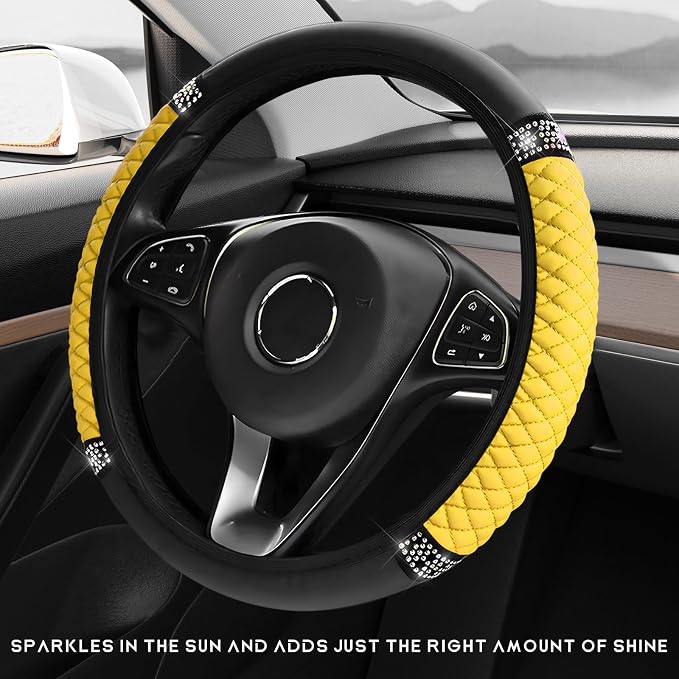 Bling Car Steering Wheel Cover, 15 Inch Sparkly Rhinestone Soft Leather Steering Wheel Protector, Non-Slip Universal Auto Elastic Steering Wheel Covers for Women Girls (Yellow)