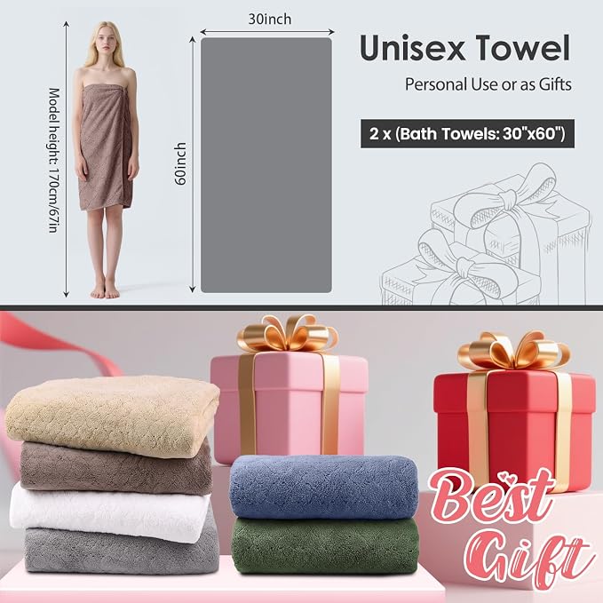 Microfiber Bath Towels, Oversized, Ultra Soft, Super Absorbent and Fast Drying, No Fading Large Bathroom Towel Set for Sport, Travel, Fitness (Coral Fleece - Chocolate, 30 in x 60 in)