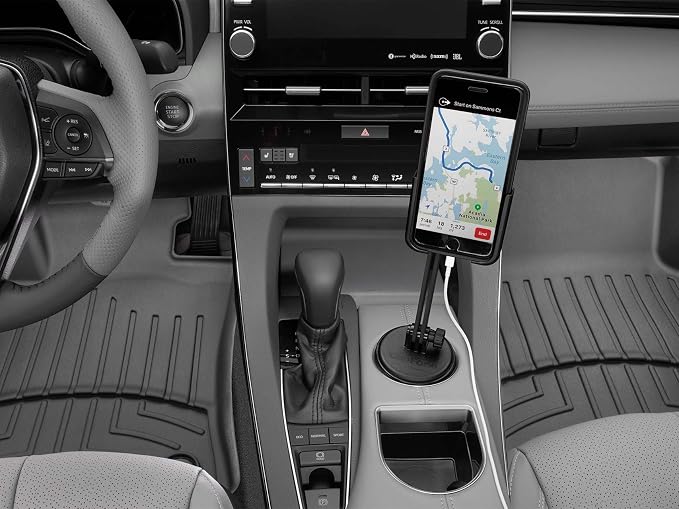 CupFone with Extension – Adjustable, Universal Cup Holder Cell Phone Mount Car & Truck Accessory – Best Design for iPhone & Smartphone Charging – Black Plastic Knobs
