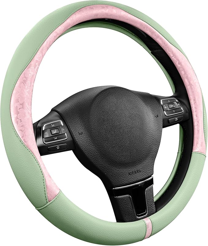 Steering Wheel Cover, Pink Patterned & Green Leather Patchwork Design, Universal Fit 14.5"–15.5", Anti-Slip, Odor-Free, Soft PU Grain Leather, Durable Grip Car Accessory for Girls & Women