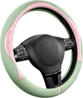 Steering Wheel Cover, Pink Patterned & Green Leather Patchwork Design, Universal Fit 14.5"–15.5", Anti-Slip, Odor-Free, Soft PU Grain Leather, Durable Grip Car Accessory for Girls & Women