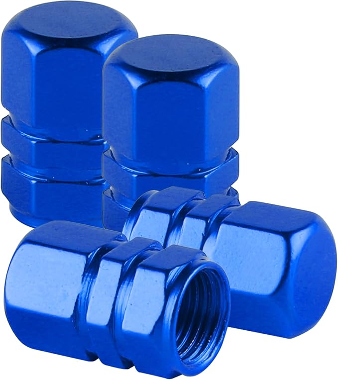 Aluminum Tire Stem Valve Caps Wheel Valve Covers Car Dustproof Tire Cap Cover Accessories, Universal for SUV, Car, Bike and Motorcycle, Hexagon Shape (4PCS Blue)