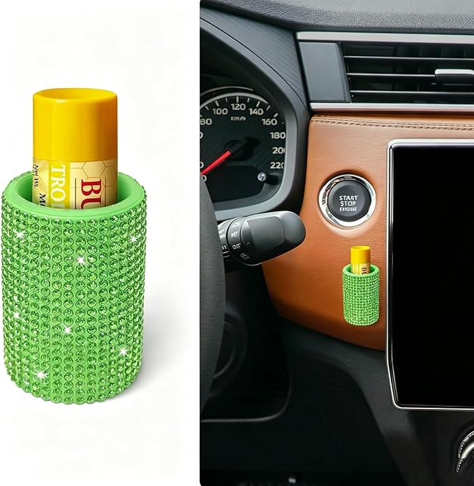 Upright Car Chapstick Holder, Bling Insulating Lip Balm Holder,Rhinestone Car Accessories for Women Interior,Suitable for Most Vehicles. (Green)