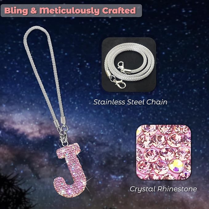 Bling Pink Car Accessories for Women Letter Charm, Rainbow Color Rear View Mirror Cute Crystal Pendant Car Decorations, Lucky Gifts Girly Diamond Rhinestone Charm Interior J