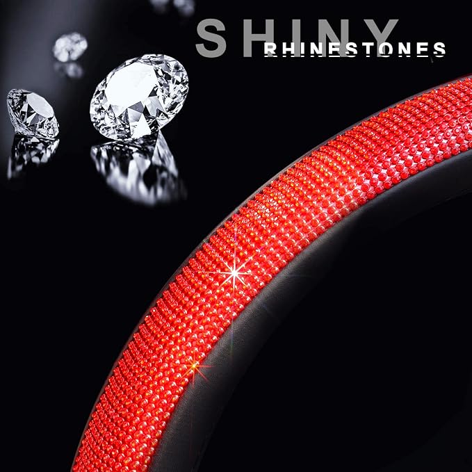 New Diamond Leather Steering Wheel Cover with Bling Bling Crystal Rhinestones, Universal Fit 15 Inch Car Wheel Protector for Women Girls Red Diamond