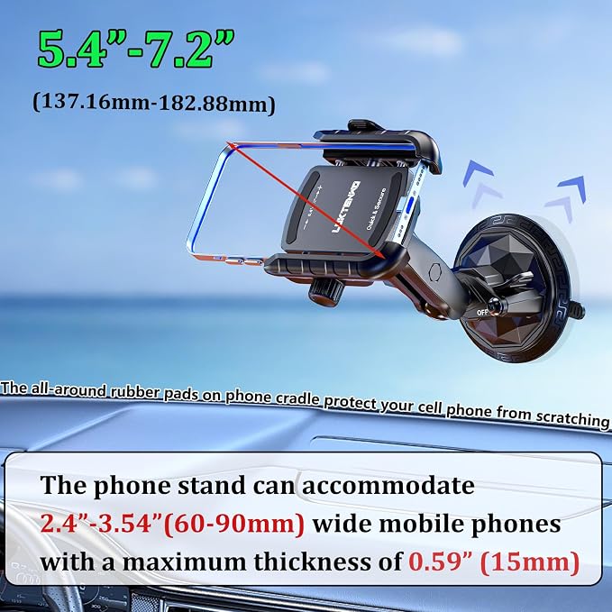 Car Phone Holder Mount with Vibration Dampener | [Camera Friendly] [1s Lock & Release] Twist-Lock Suction Cup Base for Vehicle Windshields, Fit 5.4''-7.2'' Smartphones