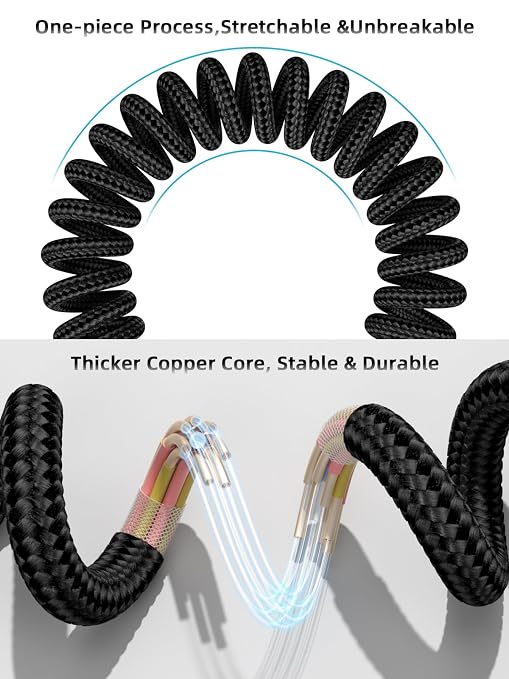 Car Carplay Cable 3ft Coiled USB A to USB C Fast Charge Cord for iPhone 16/15/Plus/Pro Max/MacBook Pro, Auto Coiled Retractable iPhone Car Cord