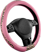Steering Wheel Cover - Flat Bottom Wheel Cover Made with PVC Leather and Leopard Fabric - Universal Fit for 15-Inch D-Shaped Automotive Steering Wheels (Pink Color)