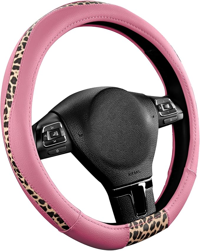 Steering Wheel Cover - Flat Bottom Wheel Cover Made with PVC Leather and Leopard Fabric - Universal Fit for 15-Inch D-Shaped Automotive Steering Wheels (Pink Color)