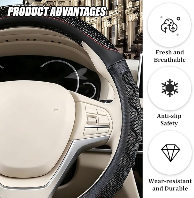 D-Shaped Car Steering Wheel Cover, 14.5-15" Anti-Slip Steering Wheel Protector with 3D Honeycomb Massage Grip, Comfortable Sporty Auto Interior Decor Accessories, Universal Fit (Black)