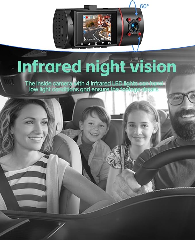 Dash Cam Front Rear and Inside, 3 Channel Dual Dash Camera for Cars W/ 64GB Card,1080P Dashcam Front with Night Vision,Loop Recording,G-Sensor,24H Park Monitor