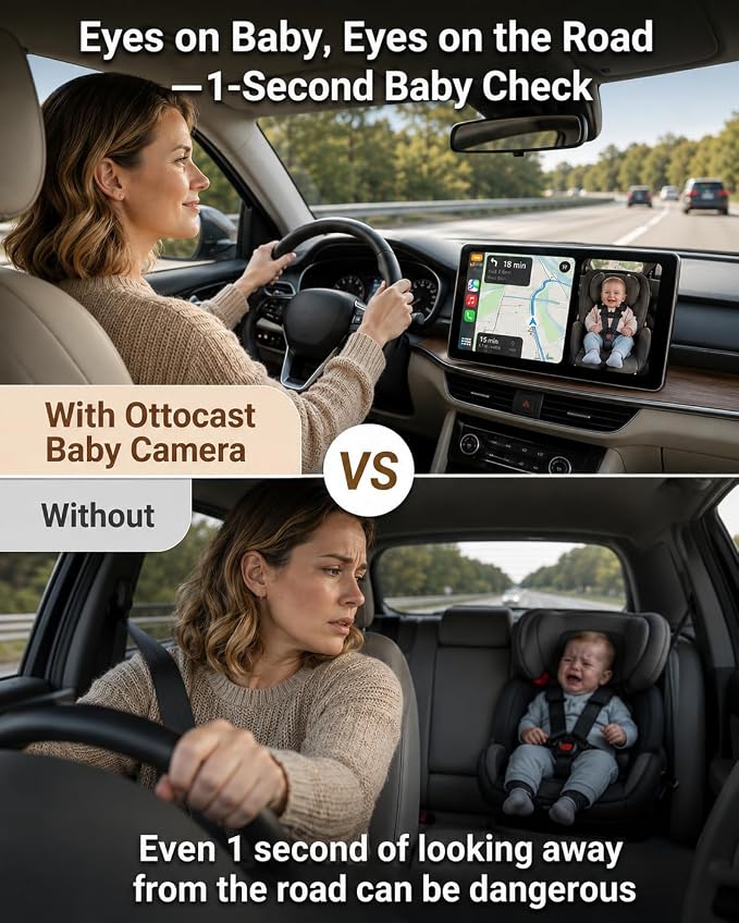 OTTOCAST Cabin Care Baby Car Camera 2026,Uses Your Car's Built-In Screen,No Extra Screen Needed,Split Screen for CarPlay and Baby View,No-Glow Night Vision,Plug&Play,150°Wide Angle(No Android Support)