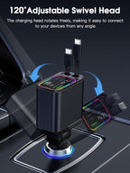 Dual Retractable Car Charger USB C, 145W Fast Charging Type C Car Charger with Retractable Cable, Compatible with iPhone 17/16/15/Air, Samsung S25/24/23/22, Pixel 9/8/7 - Black