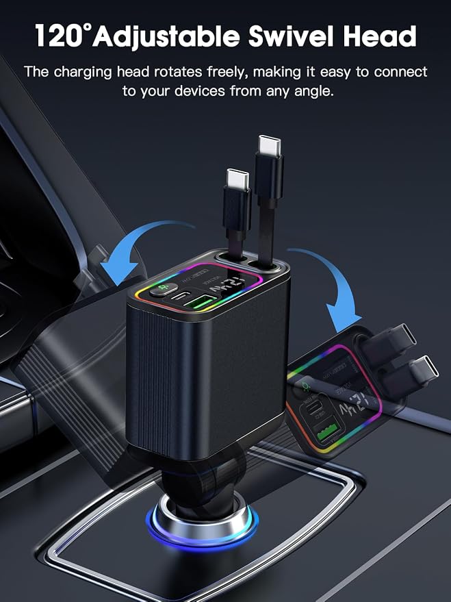 Dual Retractable Car Charger USB C, 145W Fast Charging Type C Car Charger with Retractable Cable, Compatible with iPhone 17/16/15/Air, Samsung S25/24/23/22, Pixel 9/8/7 - Black