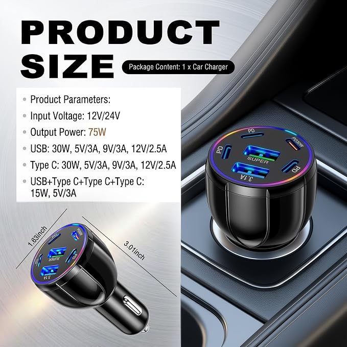 6 Ports 75W Fast Car Charger USB C & USB A,12V/24V Car Charger Adapter Cars Cigarette Lighter Chargers for Super/PD30W/PD/3.1A,12V/24V Cars Port Chargers for Phones,Tablets