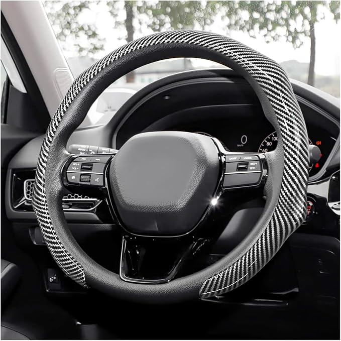 Sun Walker Carbon Fiber Car Steering Wheel Cover, 15" Anti-Slip Wear-Resistant Steering Wheel Protector Stylish Interior Decor, Ultra-Thin Comfortable Leather Wheel Cover for Women Men (Silver)