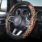 Cheetah Leather Steering Wheel Cover, Steering Wheel Protector, Anti-Slip, Breathable, Absorbing Sweat, Universal Leopard Car Accessories 14.5–15 inch,Black&Brown