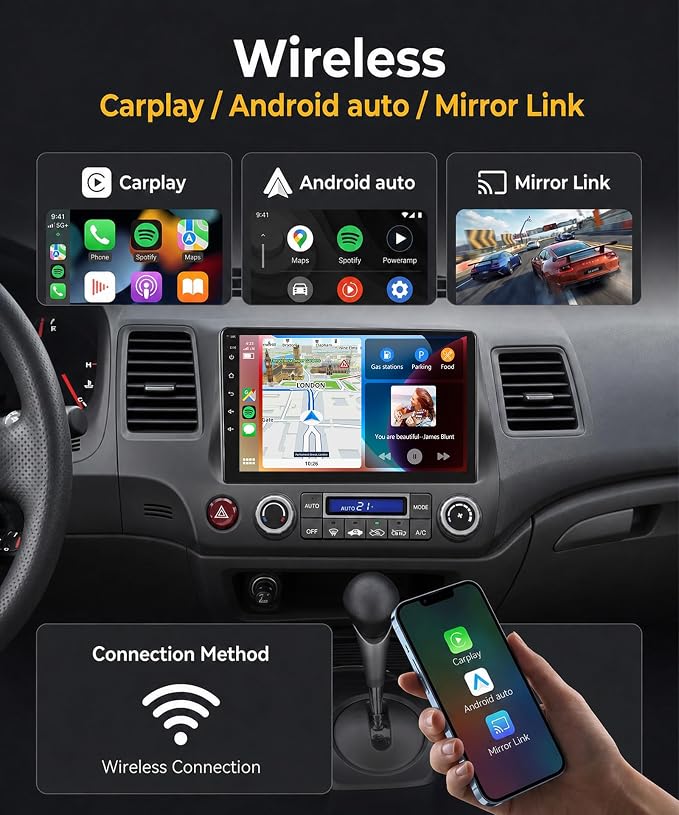 8 Core 6G+128G Car Stereo Radio for Honda Civic 2006-2011 with Wireless CarPlay/Android Auto/9 Inch 1280 * 720P IPS Touchscreen/Bluetooth 5.0/GPS/WiFi/DSP/36 EQ/AHD Backup Camera