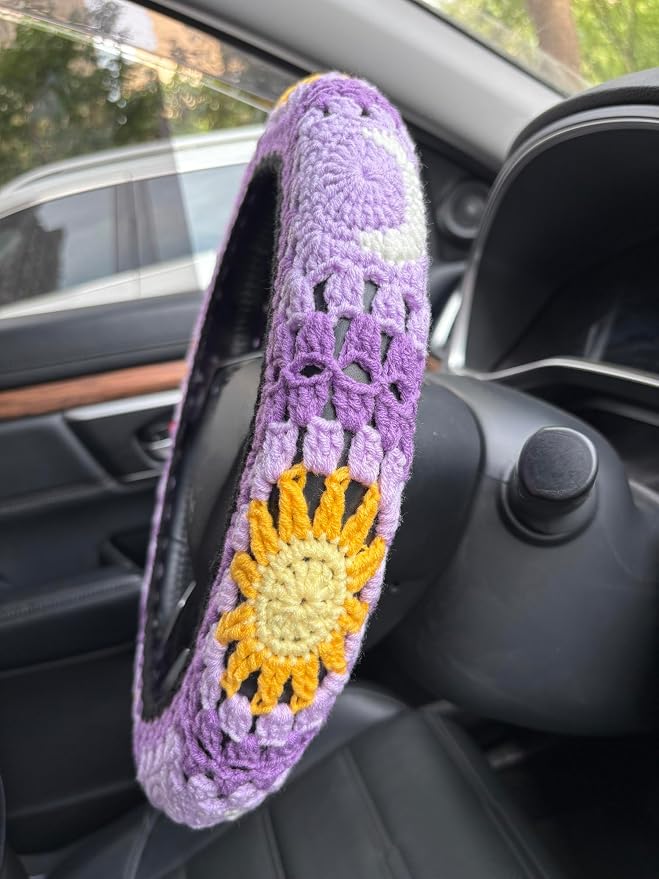 Handmade Crochet Sun Moon Car Steering Wheel Covers Universal 14-15 inch,Cute Steering Wheel Cover,Car Accessories (B:Wheel Covers)