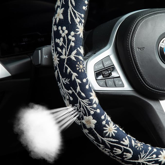 Brown Japanese Style Flower Steering Wheel Cover Auto Embroidery Steering Wheel Protector, Anti-Slip, Breathable, Absorbing Sweat, Universal Car Accessories 14.5–15 inch,Fit for Most Car, Trucks, SUV