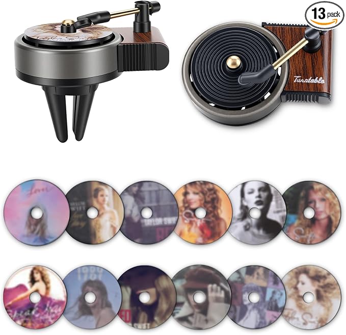 Record Player Car Air Freshener Vent Clip, 12PCS Vintage Album Style Refill Pads, Air Freshener Car Decor Accessories, Fresh Linen Scent Air Fresheners for Car, Music Lovers Gifts