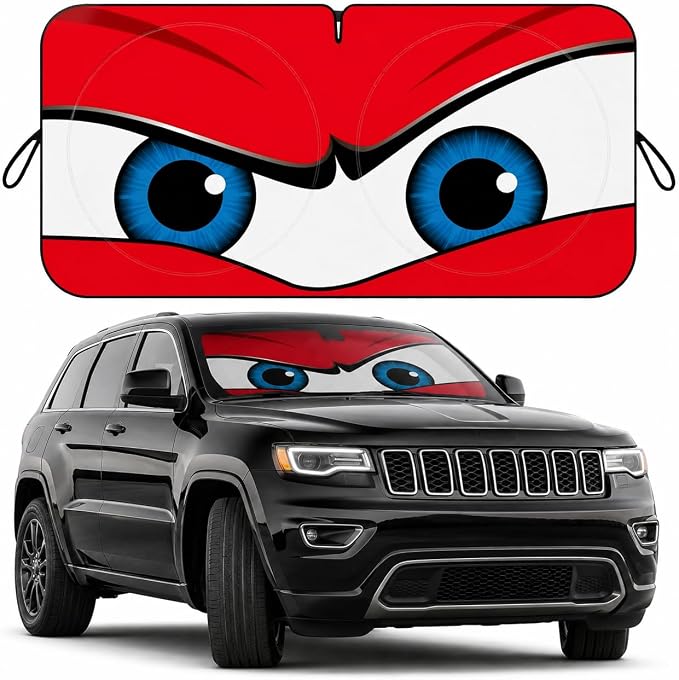 Car Windshield Sun Shade, Universal Fit Midsized Sedan SUV, Angry Red | 63 x 31.5" Windshield Cover, Foldable Front Window Sunshade, UV Heat Protection, Cute Eyes Series