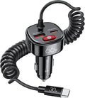 USB C Car Charger with [Battery Leakage Prevention] 66W Super Fast Car Adapter with PD & QC 3.0 Built in 6FT Type C Coiled Cable for iPhone 17/16/15 Series, Samsung Galaxy/Google Pixel