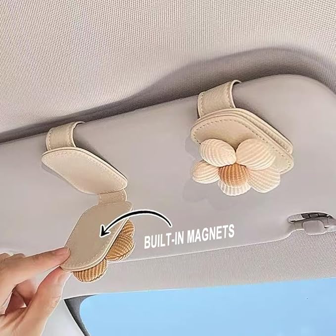Flower Sunglass Holder for Car Visor – Decorative Sun Visor Clip,Eyeglass Hanger Organizer for Women,Scratch‑Free Glasses Storage Different Size Eyeglasses (Brown Flowers)