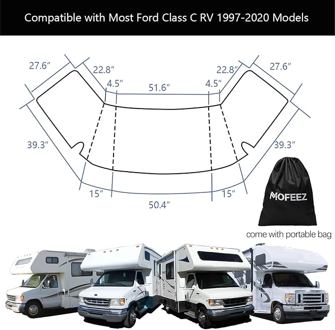 RV Windshield Cover Compatible with Class C Ford 1997-2026, UV Block Offer Complete Privacy with Light Preserves Interior (White Color with Mirror Cutouts)