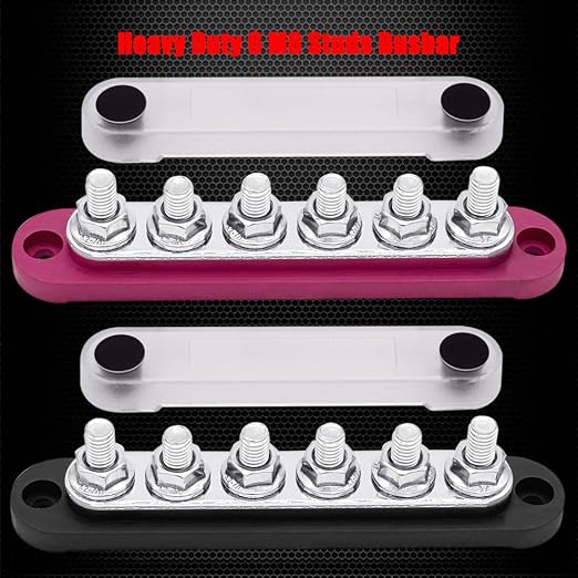 6 x M8 (5/16") Studs Power Distribution Block Bus Bar 12V, 5.9" HD 200A Marine BusBar Battery Distribution Block W/Cover for Car Boat Solar (Red & Black)