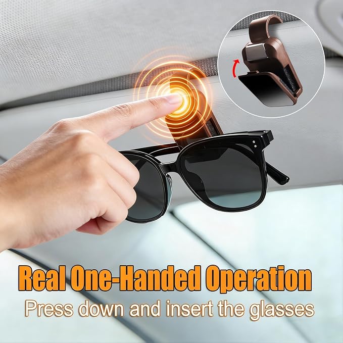 2 Pack Sunglasses Holder for Car, One-Handed-Operation Visor Sunglass Holder Clip, Easy Access Storage for Driving,Universal Fits (Textured Brown)
