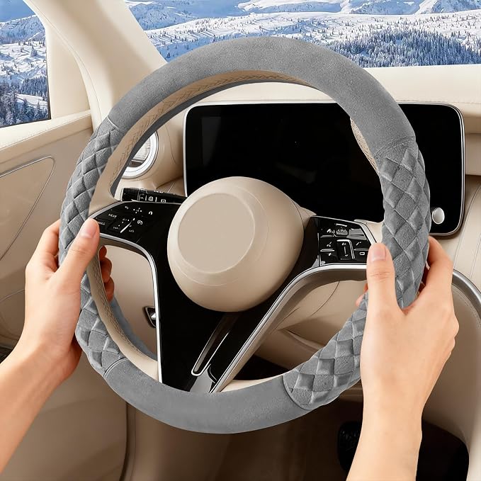 Premium Gray Diamond Patterned Plush Steering Wheel Cover, for Universal Auto Steering Wheel 14.5-15 in, Short Fluffy, Anti-Slip, Soft Plush, Comforting and Luxurious, Odorless, Soft Texture