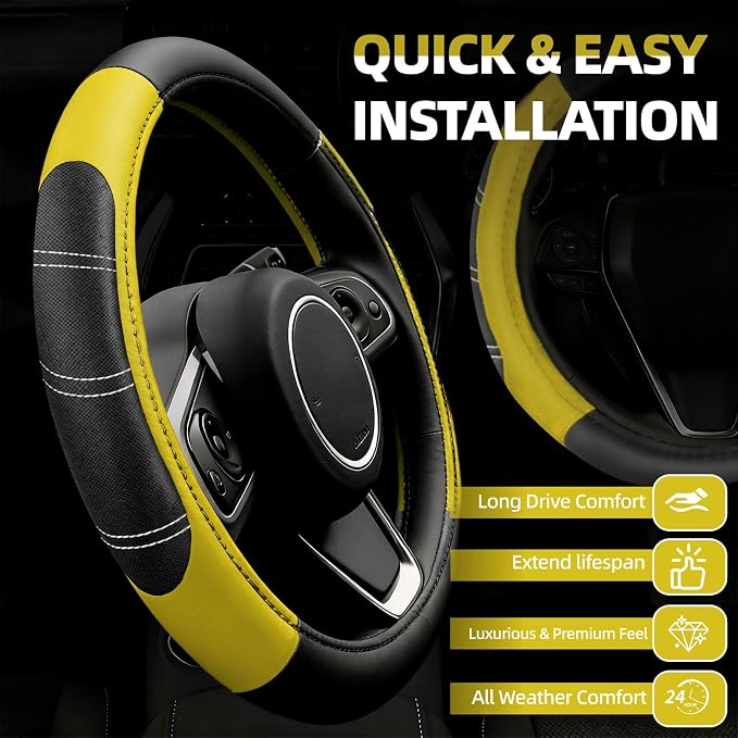 6 Pcs Yellow Car Accessories Set, Sport Leather Steering Wheel Cover 14.5-15inch Universal, Microfiber Leather Car Center Console Cover, Seat Belt Cushion, Cup Holder Coaster (Black-Yellow)