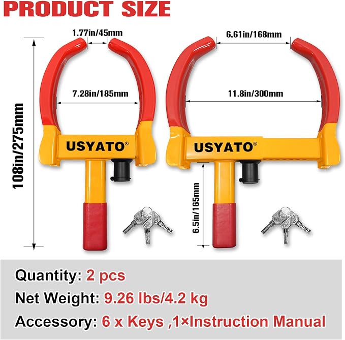 2Pcs Universal Heavy Duty Wheel Lock - Anti Theft Trailer Lock & Car Boot, Adjustable Security Tire 11.4" for Trailers, Cars, Golf Cart, ATV, SUV, RV, Boat, Camper, Motorcycle,6 Keys,Yellow+Red
