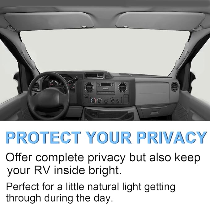 RV Windshield Cover Compatible with Class C Ford 1997-2026, UV Block Offer Complete Privacy with Light Preserves Interior (White Color with Mirror Cutouts)