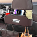 Back Seat Cup Holder for Car – Multifunctional Seat Back Organizer with Drink Holders, Tissue Box Storage & Hooks, Fits Headrest for Auto. (Brown)