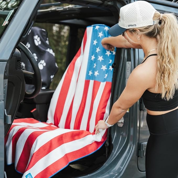 Athletic Running Towel, Full-Sized, Car Seat Cover - Performance Microfiber (American Flag w/Snaps)