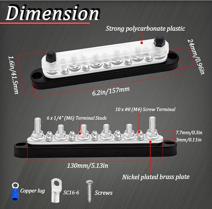 250A Bus Bar 12V Marine 1/4" Power Distribution Block Automotive Busbar Terminal Block,Battery Buss Bar (Pair, Red & Black) 6 x 1/4"+10 x #8 Screws Terminals