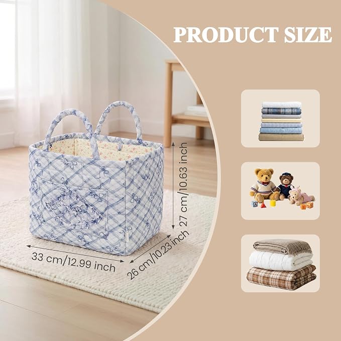 Floral Fabric Storage Basket Car Interior Storage Basket Underwear Sundries Laundry Baskets Supplies Home Organizer Bag (blue bow)
