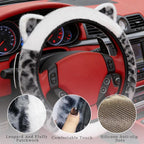 Leopard Fluffy Car Steering Wheel Cover with Keychain 14-15 inch Gray White | Cute Ears Steering Wheel Covers Universal Elastic Stretch Steering Wheel Protector Accessories for Women Girls