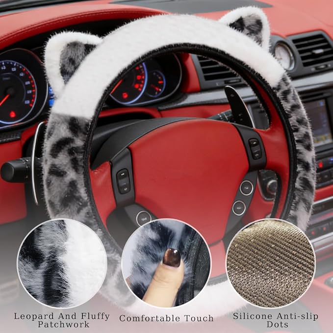 Leopard Fluffy Car Steering Wheel Cover with Keychain 14-15 inch Gray White | Cute Ears Steering Wheel Covers Universal Elastic Stretch Steering Wheel Protector Accessories for Women Girls