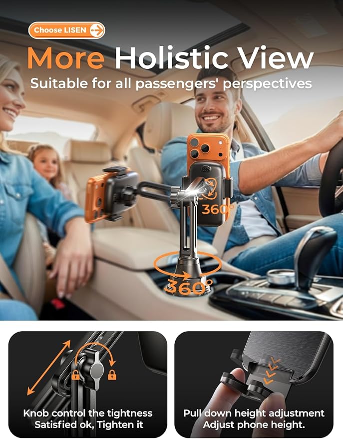 Upgraded Version Cup Holder Phone Holder 360° Adjustable Long Neck Car Phone Mount Golf Cart Phone Holder, Truck Jeep Accessories for iPhone 17 Air Pro Samsung Google and All 4-7'' Phone