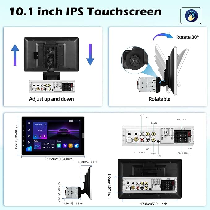 10.1 inch Single Din Touchscreen Radio 10 inch Car Stereo with Wireless Carplay Support AM FM Radio/YouTube Video/Bluetooth/Car Play/Android Auto + Backup Camera + Mic